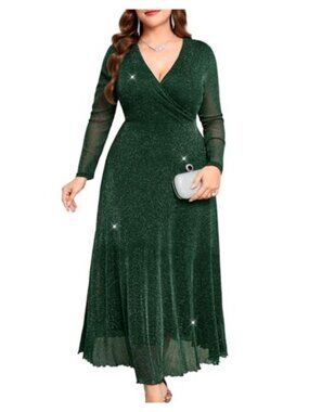 Plus Size Sparkly Mesh Maxi Dress V-Neck Long Sleeve A-Line Wedding Guest Gown